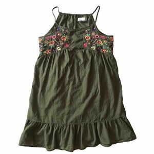 PLACE Women's Dress M 8/10 Green Embroidered Floral Dress Ruffle Spaghetti Strap